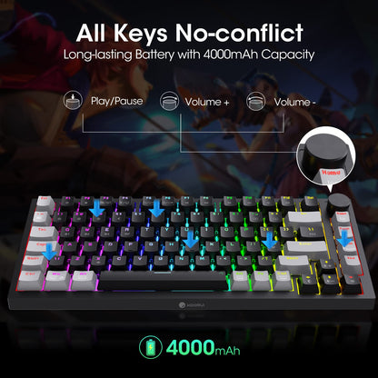 KOORUI Gaming Keyboards, 26 RGB Backlit Mechanical Keyboard Wireless/Wired Compatible Bluetooth 82 Keys Rechargeable 4000mAh Battery UK Layout Gamer Keyboards for Windows MacOS Linux (Brown Switch)