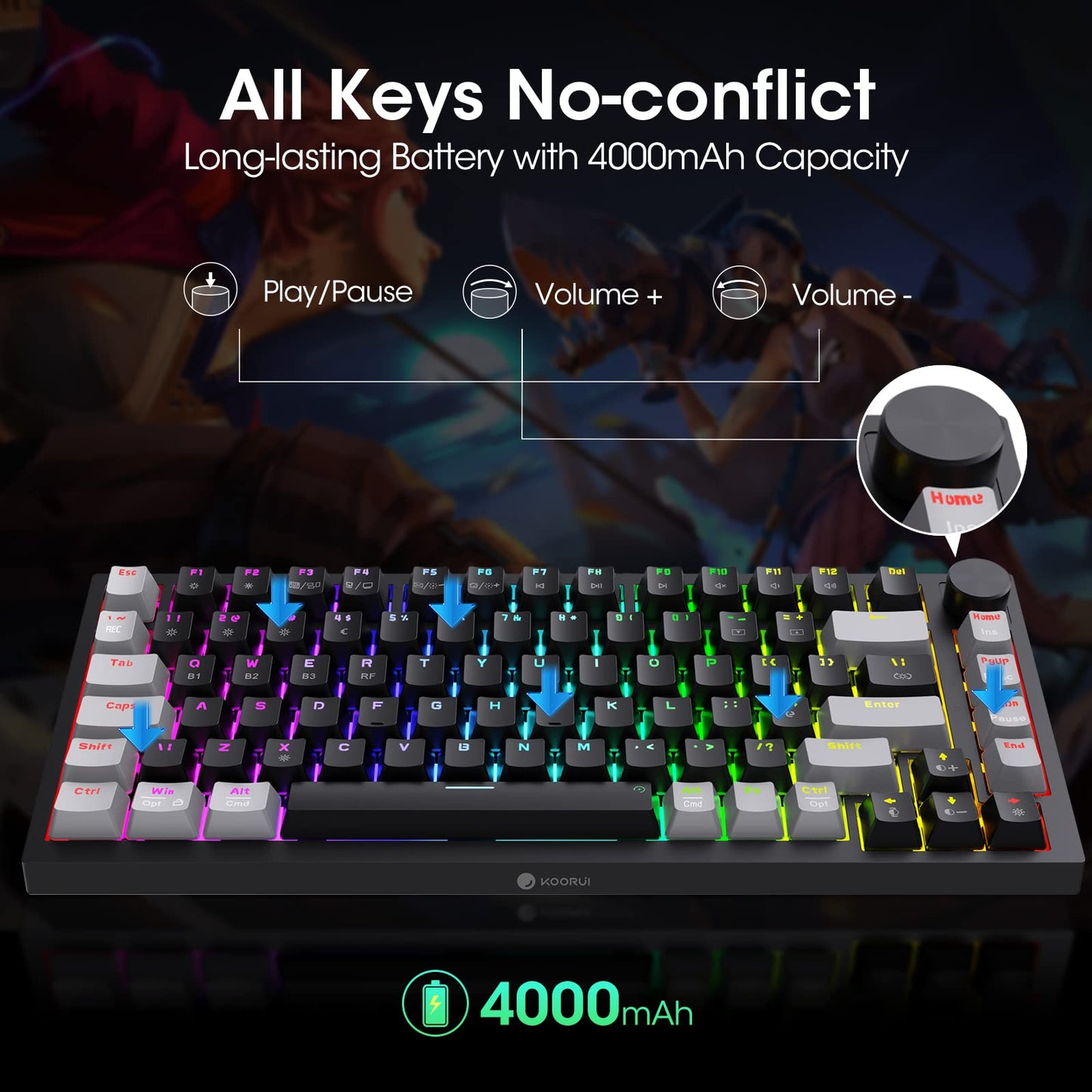 KOORUI Gaming Keyboards, 26 RGB Backlit Mechanical Keyboard Wireless/Wired Compatible Bluetooth 82 Keys Rechargeable 4000mAh Battery UK Layout with Red Switch Gamer Keyboards for Windows MacOS Linux