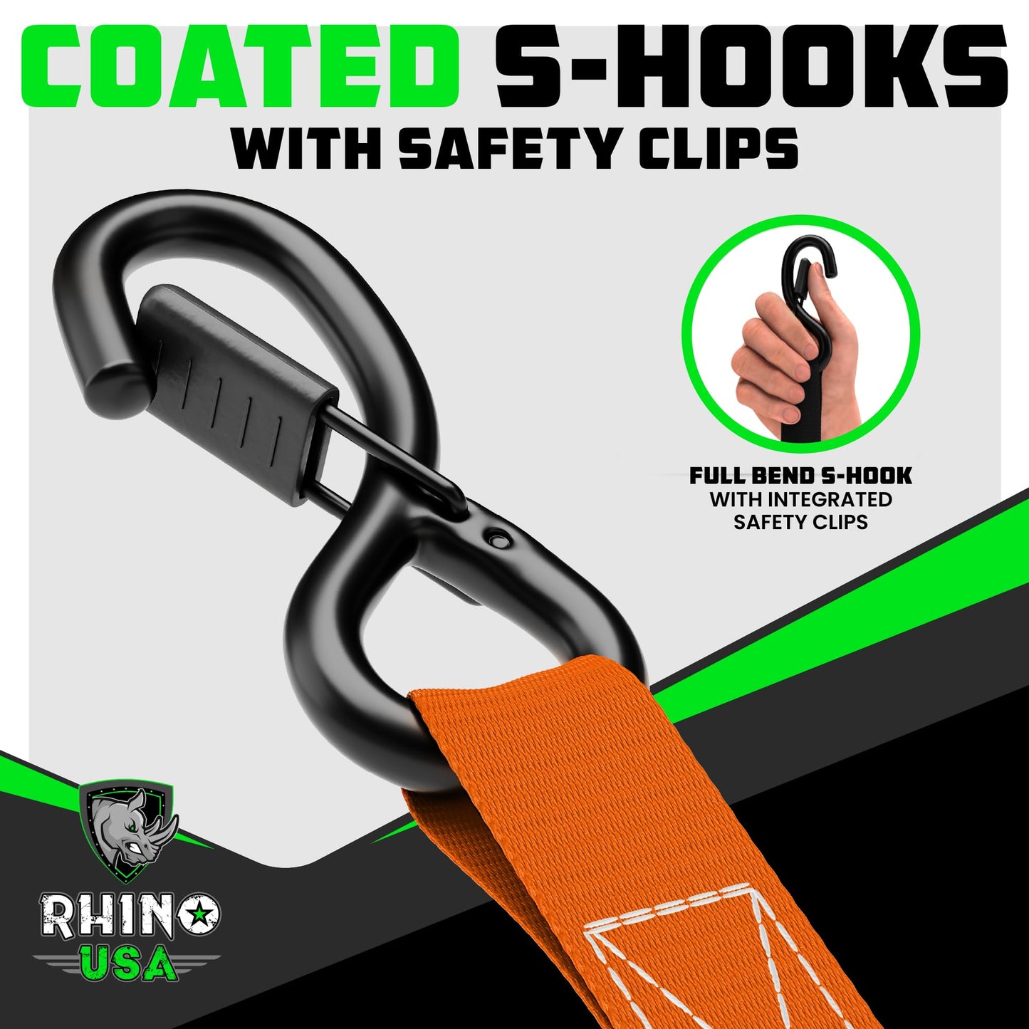 Rhino USA Ratchet Straps Tie Downs (4-Pack) - 1 Inch x 15 Feet (1,823lb Break Strength) - Ultimate Tie Down Straps with Safety S Hooks - for Trucks, Cargo, Moving, Appliances - Orange