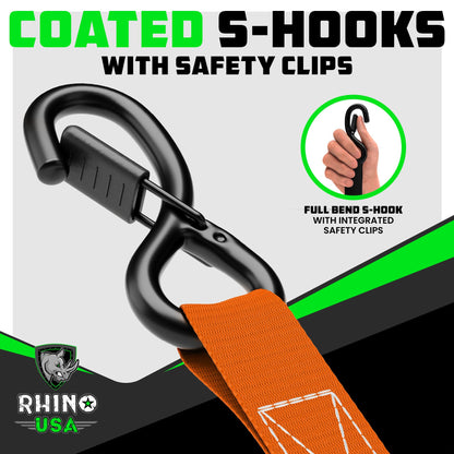Rhino USA Ratchet Straps Tie Downs (4-Pack) - 1 Inch x 15 Feet (1,823lb Break Strength) - Ultimate Tie Down Straps with Safety S Hooks - for Trucks, Cargo, Moving, Appliances - Orange