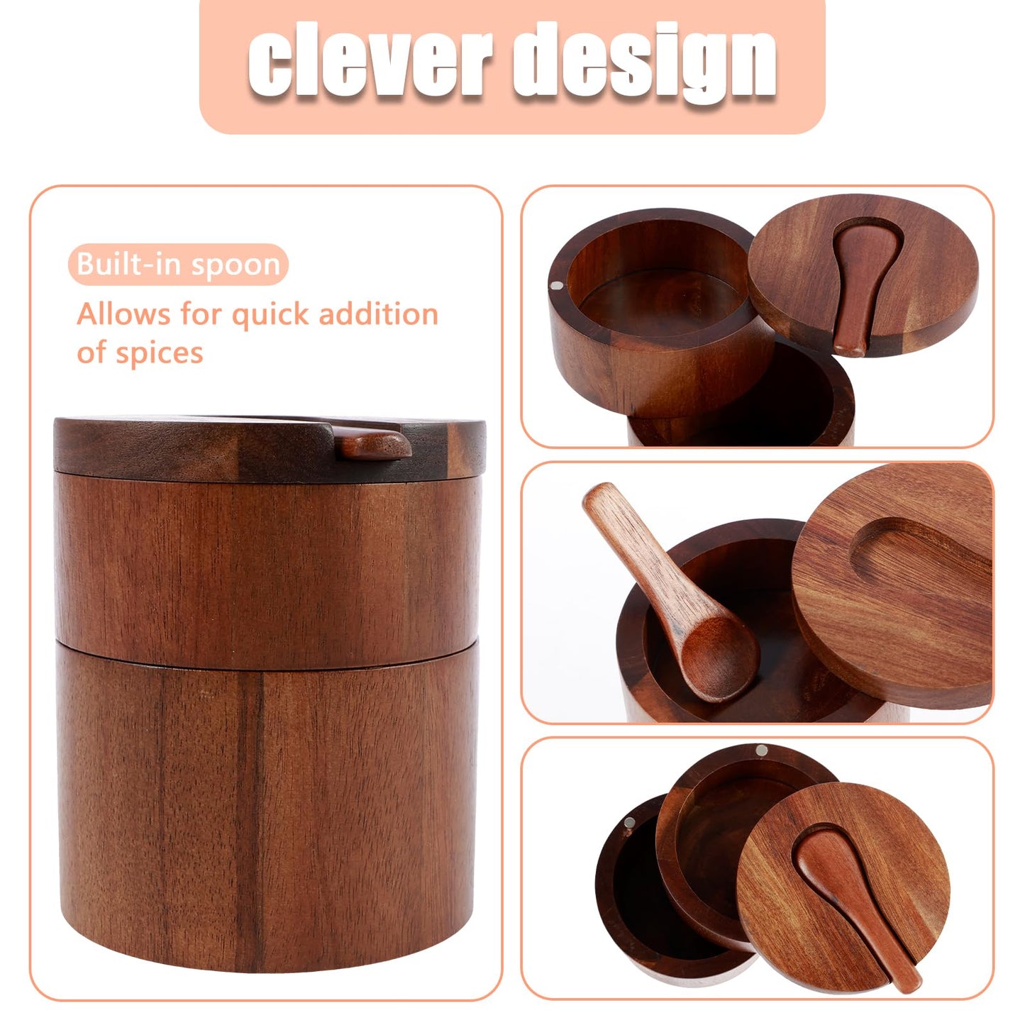 FALESOUL Acacia Wood Salt and Pepper Bowl, 2 Tier Bamboo Kitchen Salt and Pepper Storage Box with Magnetic Swivel Lids, Nature Wood Salt Cellar and Spices Storage Box for Seasonings Spices Pepper