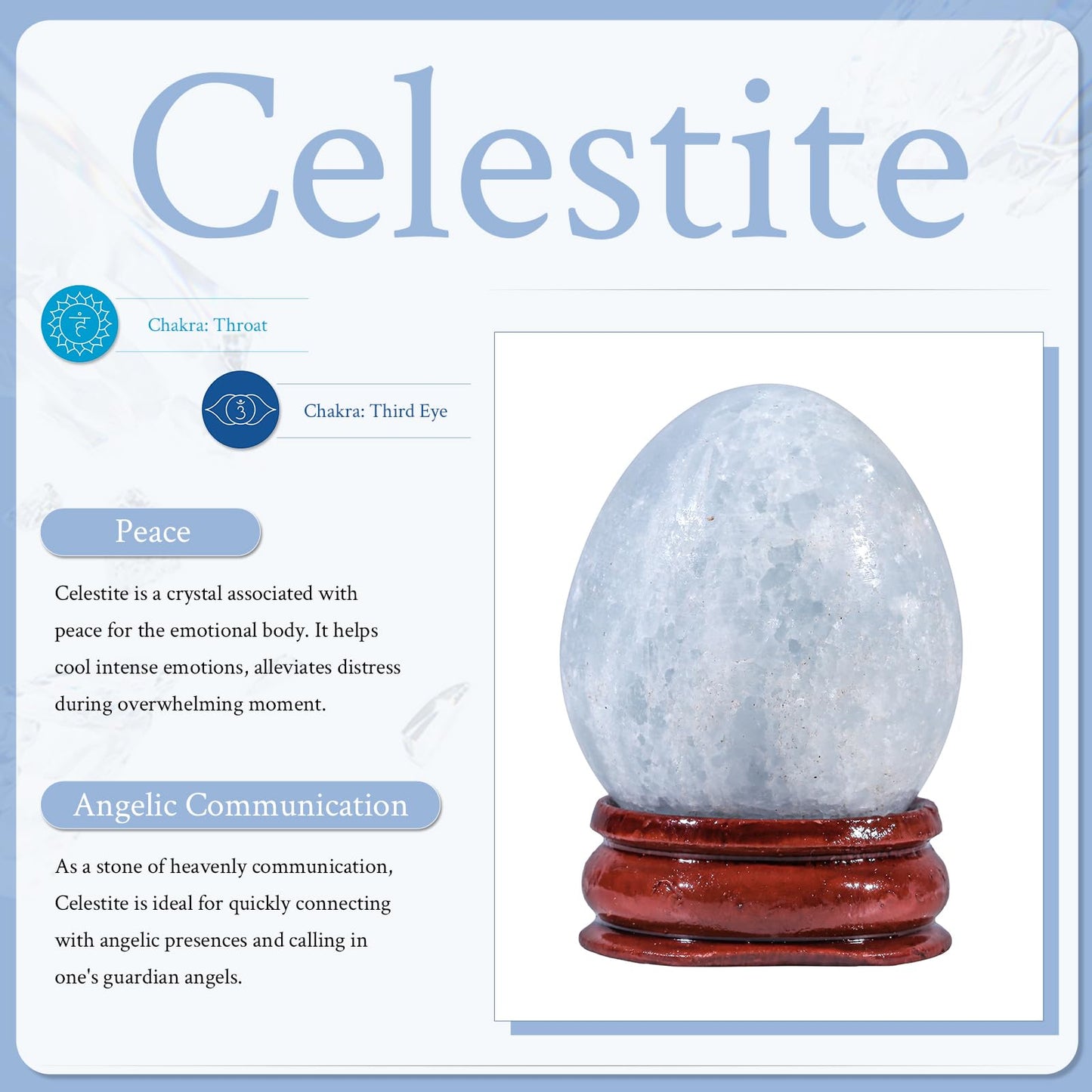 Sportmusies Natural Blue Celestite Stone Egg with Wood Stand, Polished Reiki Stone Egg Figurine Decoration for Home Desk Meditation, 2-2.36 inches