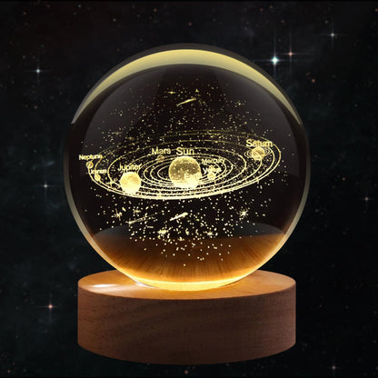 Flexzion 3D Solar System Crystal Ball Night Light - LED Light Hologram Glass Lamp with Solid Wood Base, USB Powered Crystal Ball Lamp w/Adjustable Brightness for Home Decor Display Gift,2.4inch(60mm)