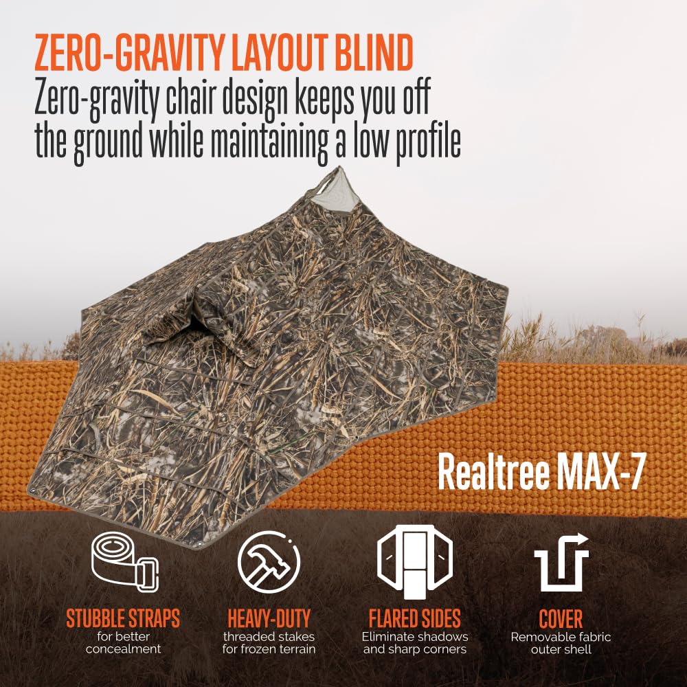 ALPS OutdoorZ Zero-Gravity Layout Blind - Advanced Hunting Blind in Realtree MAX-7, with Flared Fabric, Heavy-Duty Stakes, Padded Seat & Headrest, Gear Pockets, and Backpack Straps