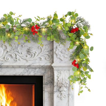 6FT Prelit Christmas Garland with Lights, Realistic Eucalyptus Garland with Artificial Cedar Cypress Leaves Red Berries Pine Cone Greenery Xmas Garland for Mantle Stair Railing Fireplace Decoroation
