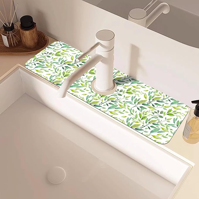Tropical Eucalyptus Leaves Kitchen Sink Splash Guard Mat Absorbent Fast Drying