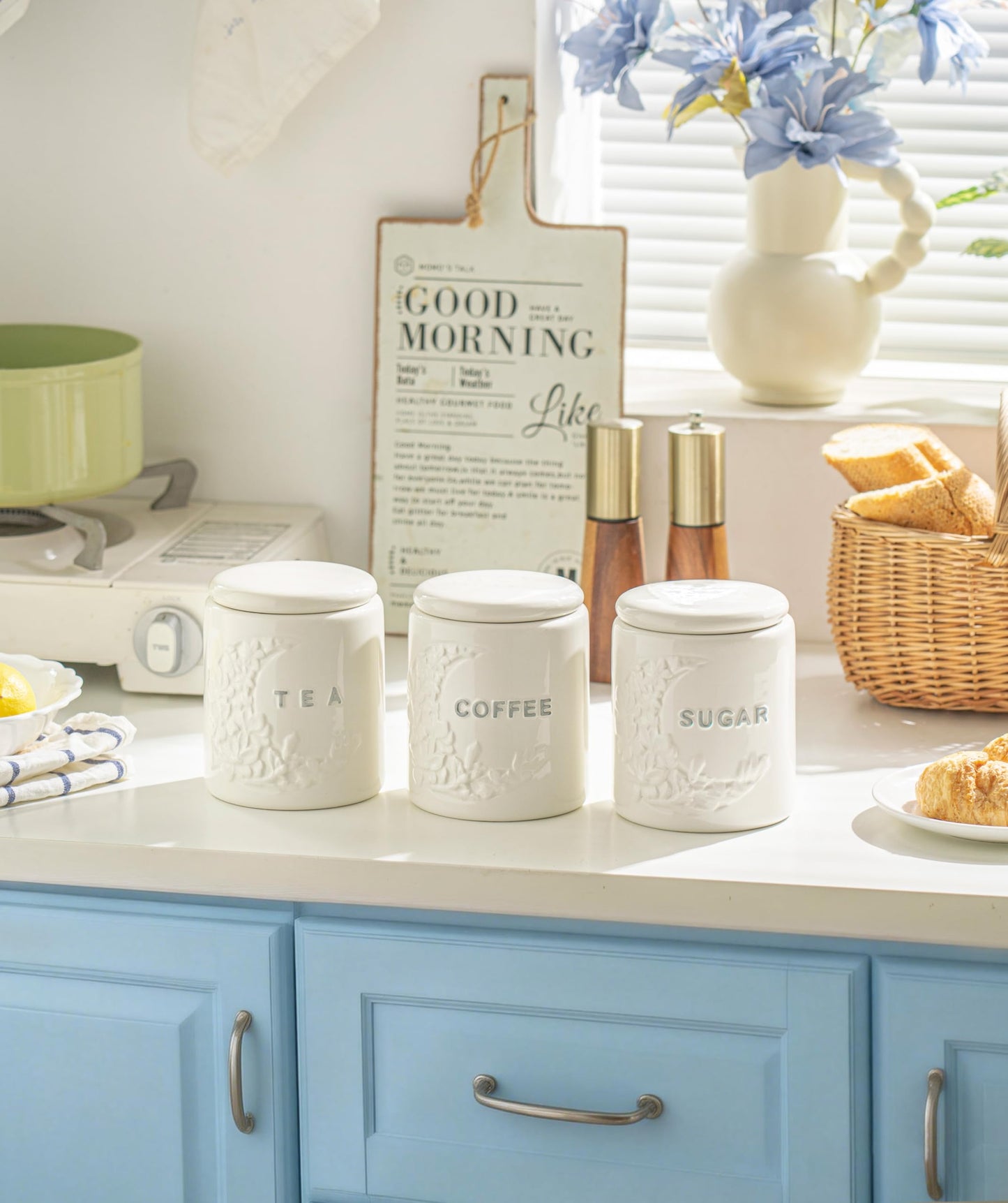 TAWCHES Wing Petal Ceramic Canisters Sets For The Kitchen Canisters For Countertop Set of 3 Airtight Coffee Canisters For Ground Coffee Sugar Container Tea Storage Jars With Lids