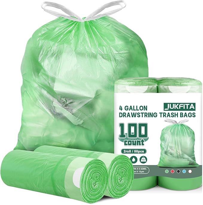 4 Gallon Trash Bags Drawstring 100 Count, JUKFITA Strong Small Garbage Bag