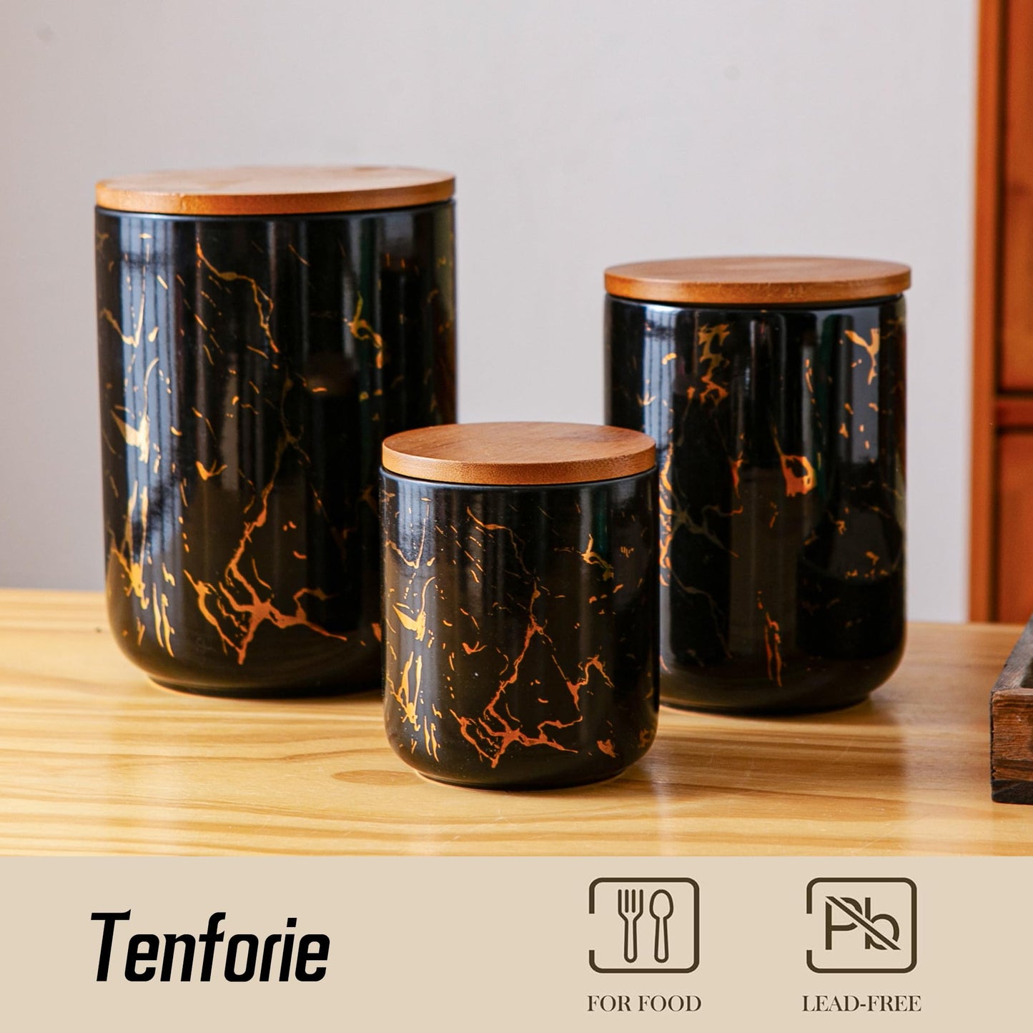 Tenforie Ceramic Canister Set with Bamboo Airtight Lids, 3-Piece Kitchen Storage Jars (48oz, 30oz, 12oz) – Black with Gold Marble Pattern, Glossy Finish, for Coffee, Sugar, Flour & More