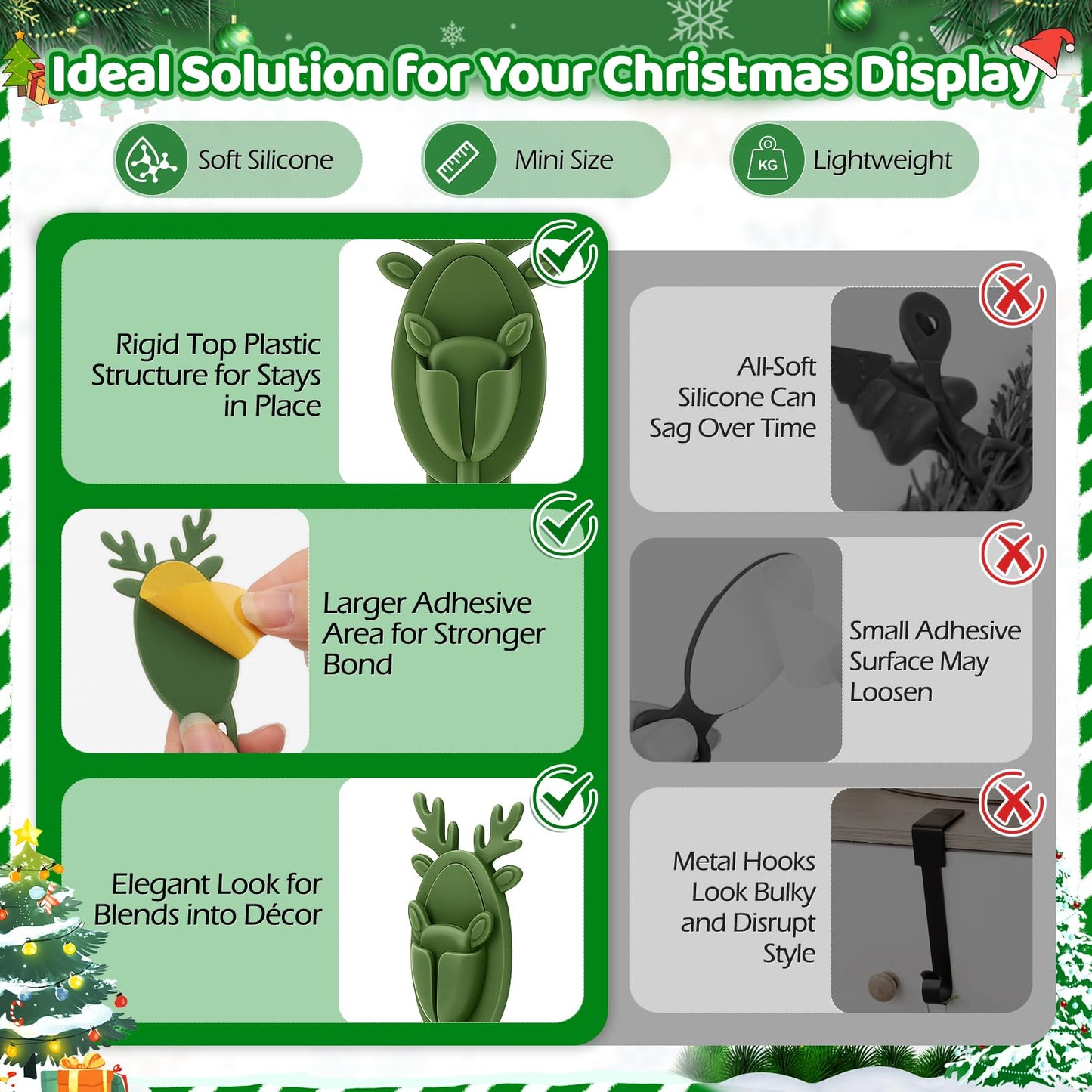 YIBOBO 18 Pcs Christmas Garland Hangers with Locking Buckle, Reindeer Design Adhesive Hooks for Stair Railing Fireplace Mantle Door, Reusable Silicone Stocking & Ornament Holders, Green (Deer, 18)