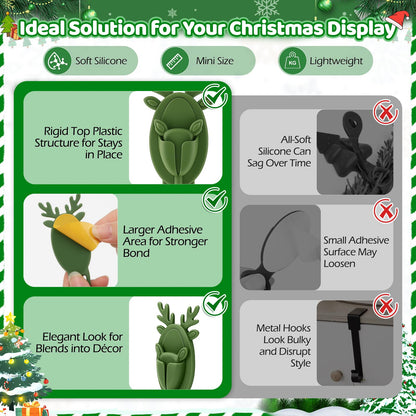 YIBOBO 18 Pcs Christmas Garland Hangers with Locking Buckle, Reindeer Design Adhesive Hooks for Stair Railing Fireplace Mantle Door, Reusable Silicone Stocking & Ornament Holders, Green (Deer, 18)