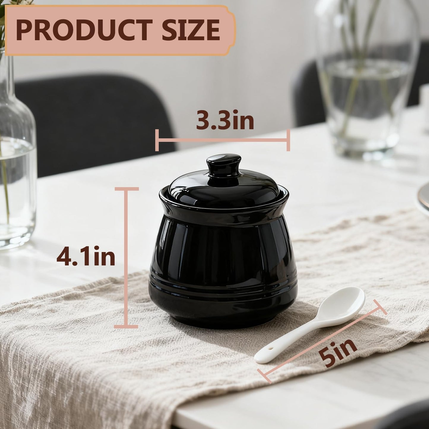 Fcreimd Sugar Bowl Ceramic Sugar Jar, Sucrier 12 oz Sugar Container with Lid and Spoon (Black)