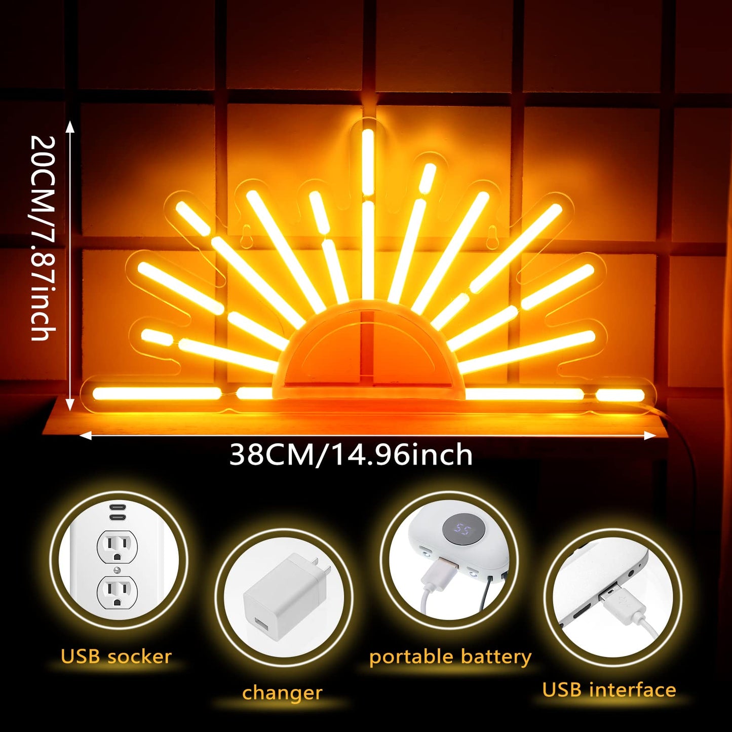 Ganeen Orange Sunrise Sunset Neon Sign Boho Wall Art Neon Lights for Bedroom Sun on The Horizon LED Signs Wall USB Night Room Decor for Living Room, Kitchen, Bathroom, Office Decor, Christmas Gifts
