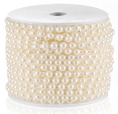 Flat Pearl Garland String 27 Yards, 6MM Half-Round Beaded Spool Roll Crafts for Wedding Decoration (Ivory)