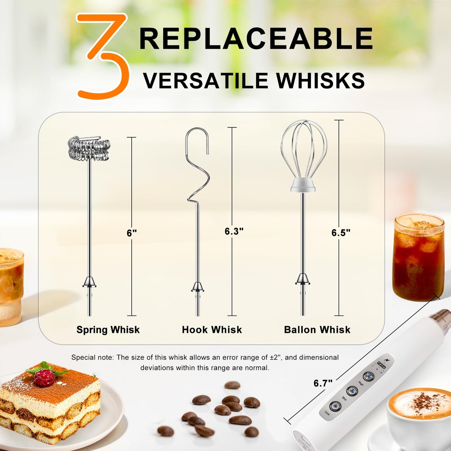 YUSWKO Black Handheld Milk Frother Wand for Coffee, Rechargeable Electric Whisk with 3 Heads 3 Speeds Drink Mixer Coffee Frother For Latte, Cappuccino, Hot Chocolate, Egg