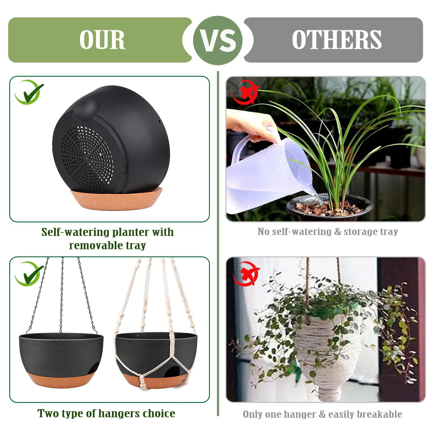 Lucieblessdesign Hanging Planters for Outdoor Indoor Plants, 2 Pack 12 Inch Hanging Basket Plants Outdoor, Self Watering Hanging Planter with Plant Hanger for Garden Home Decoration (Black)