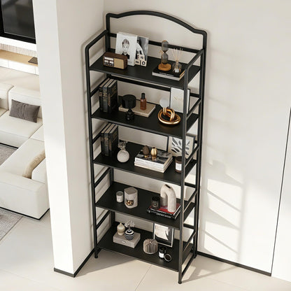 JSB 5 Tier No Assembly Folding Bookshelf, Arched Bookshelf, Foldable Bookcase for Living Room, Bedroom, Office,Skinny Bookshelf (Black)