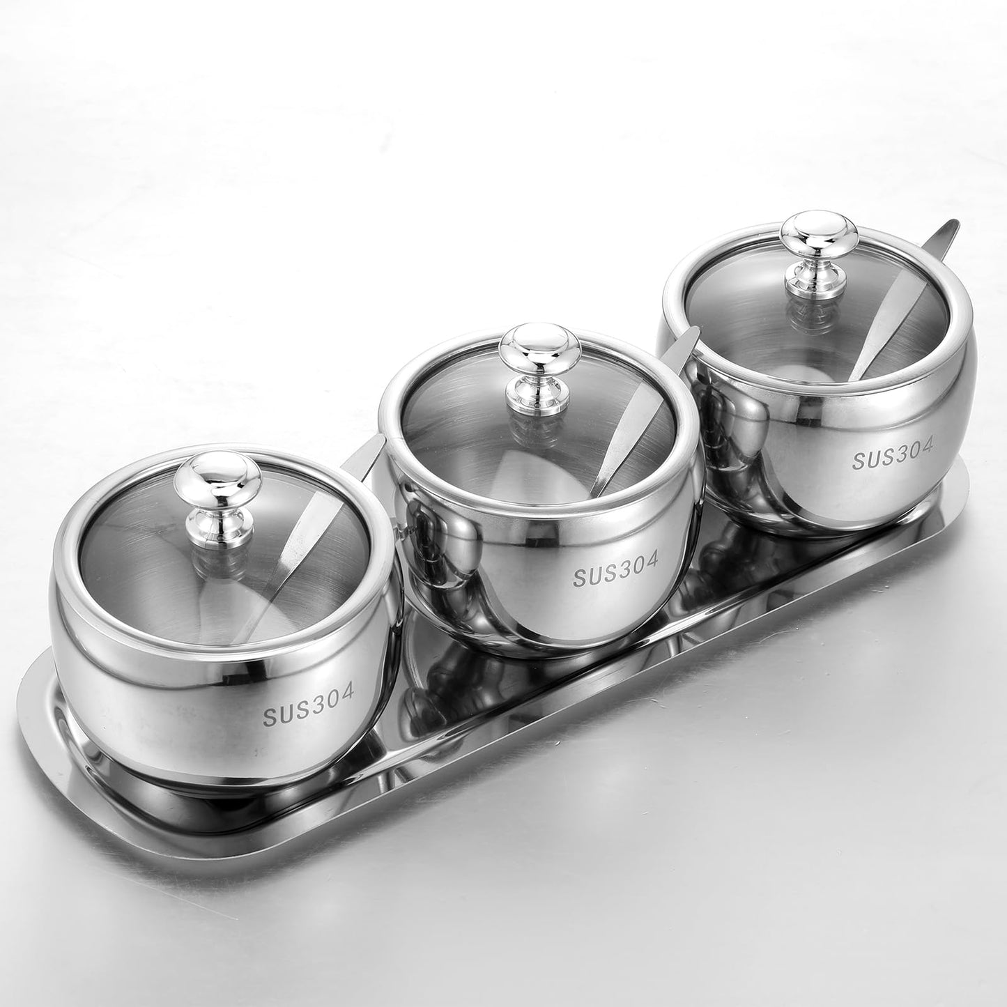 JOUTYFOR 3 Grids 304 Stainless Steel Seasoning Containers Set with Lid Spoon and Tray, Condiment Jar Spice Container, Condiment Canisters Pots for Serving Sugar, Pepper, Salt, Spice