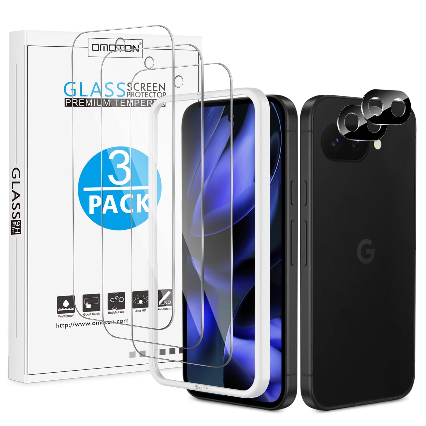 OMOTON 3+2 Pack for Google Pixel 9 Pro Screen Protector, 3 Pack Tempered Glass Screen Protector & 2 Pack Camera Lens Protector for Pixel 9 Pro 2024 6.3-inch, Case Friendly (Not for Pixel 9/9 Pro XL)