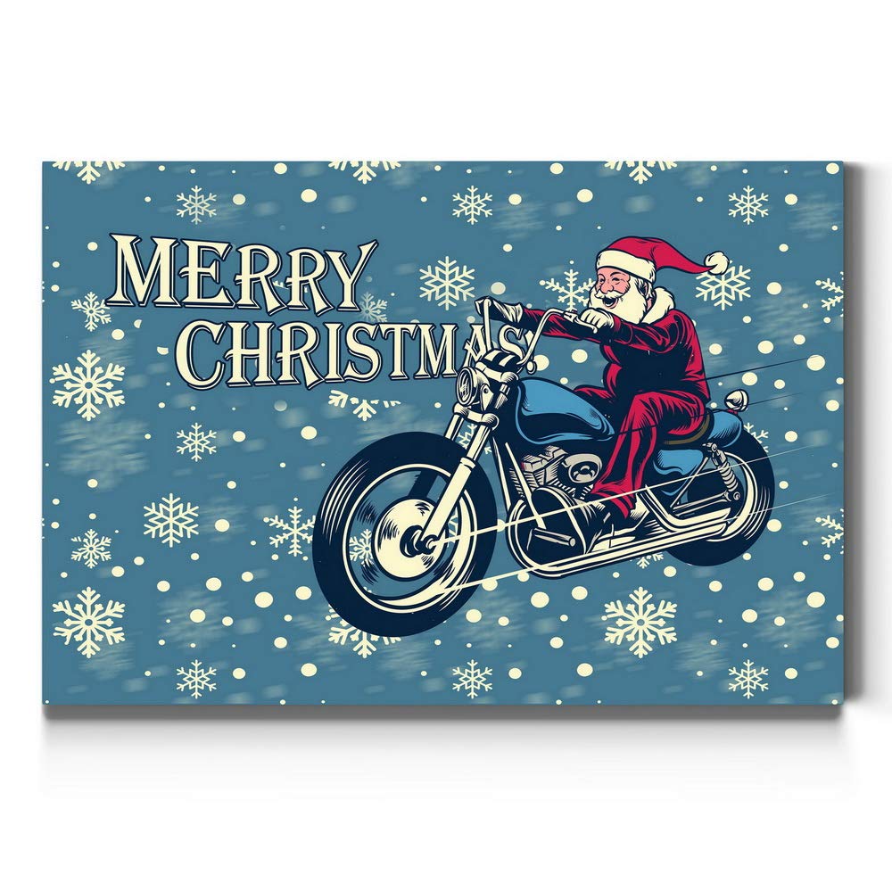 Renditions Gallery Motorcycle Santa Wall Art, Dark Blue, White Snowflake Design, Funny Christmas Decorations, Premium Gallery Wrapped Canvas Decor, Ready to Hang, 8 in H x 12 in W, Made in America