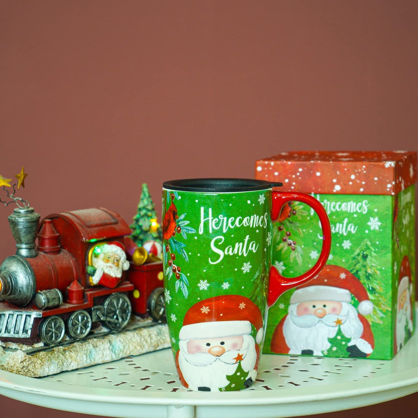 Topadorn 17oz Christmas Ceramic Travel Coffee Mug with Sealed Lid Tea Cup with Color Box, Microwave & Dishwasher Safe, Unique Coffee Mug for Latte & Hot Chocolate, Christmas Home Gifts, Santa