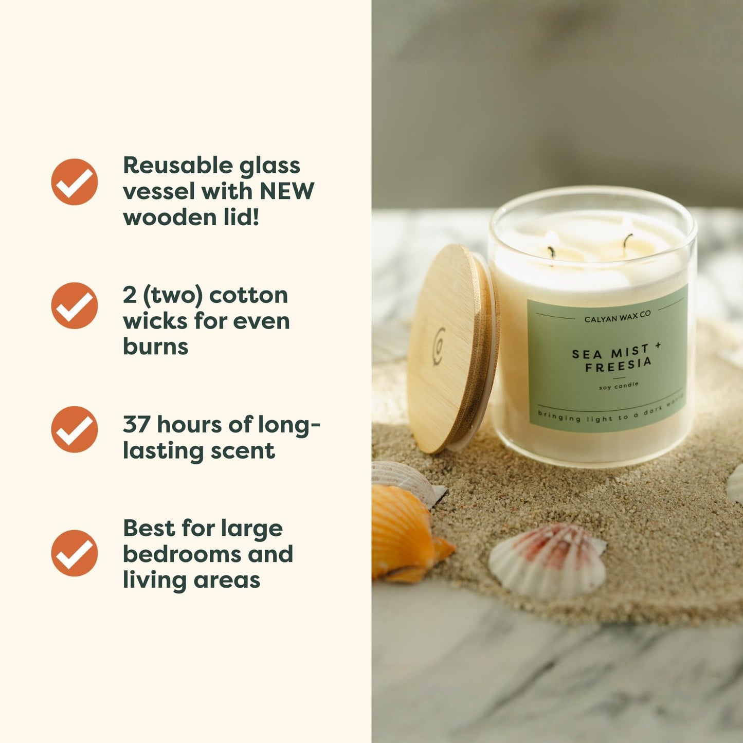 Calyan Wax Co. Sea Mist & Freesia 2 Wick Scented Candle - 37 Hour Burn - Luxury Clean Soy Wax Candles - Long Lasting Large Glass Jar Candle for Home - 8.8oz