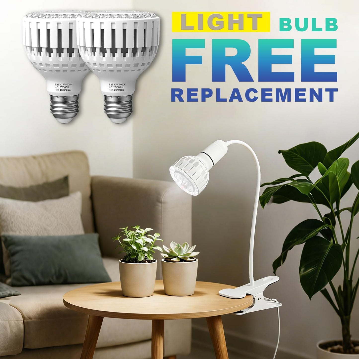 LED Grow Light, 5000K White Full Spectrum Clip-on Gooseneck Plant Lamp for Indoor Desk Plants Growing with 4/8/12H Timer, Bulb Replacement & Smart Plug Compatible(12W Equivalent 80W)