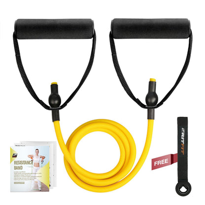 RitFit Single Resistance Exercise Band with Comfortable Handles - Ideal for Physical Therapy, Strength Training, Muscle Toning - Foam Padding Door Anchor and Starter Guide Included (Yellow(1-5lbs)