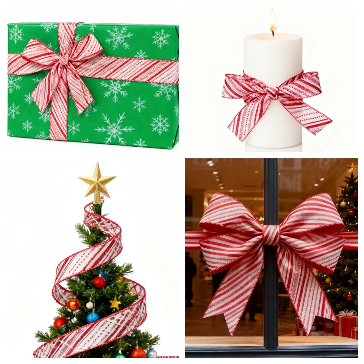 Meseey 2.5 Inch Christmas Wired Ribbon 6 Rolls 30 Yards Red White Candy Cane Glitter Stripe & Lime Green Holiday Ribbon for Tree Topper, Gift Wrapping, Wreaths, Garlands, Home Decor, Party Decorations