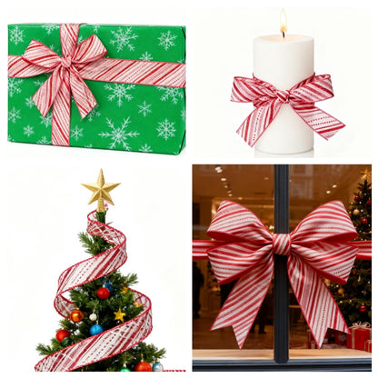 Meseey 2.5 Inch Christmas Wired Ribbon 6 Rolls 30 Yards Red White Candy Cane Glitter Stripe & Lime Green Holiday Ribbon for Tree Topper, Gift Wrapping, Wreaths, Garlands, Home Decor, Party Decorations