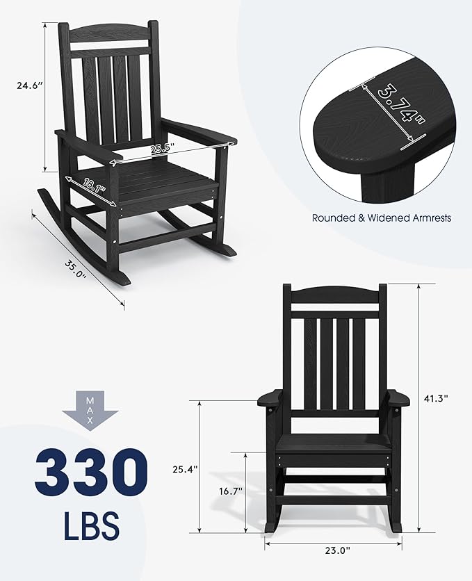 KINGYES Outdoor Rocking Chairs, HDPE All-Weather Patio Rocking Chairs High Back Porch Rocker for Adult, Black
