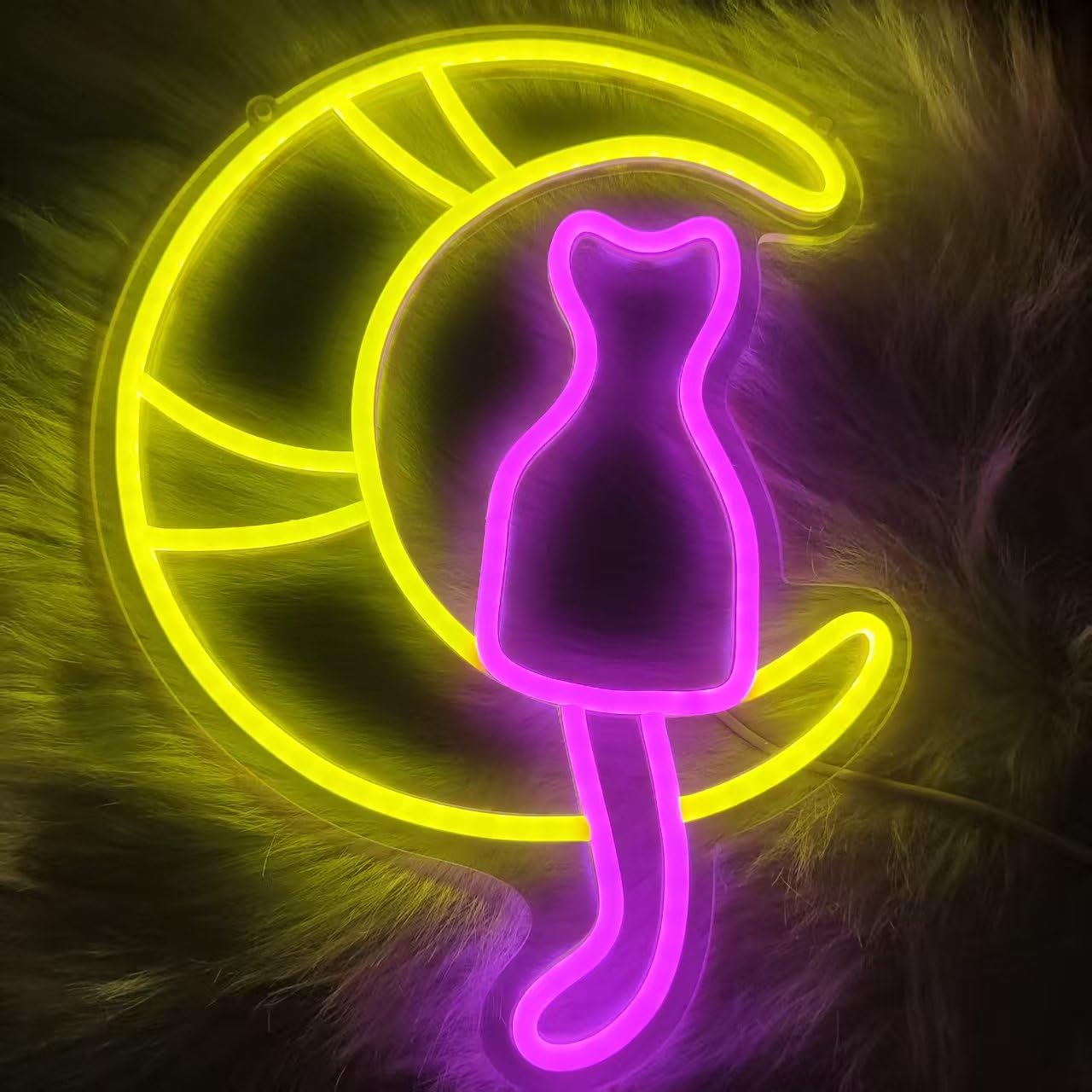 HFHungkeong Cute Kwaii Cat Neon Signs Acrylic LED Anime Moon Cats Neon Sign with Dimmable Switch and 1Pc Hanging Chain for Bedroom Living Room Children Girls Gift Bar Home Party Birthday