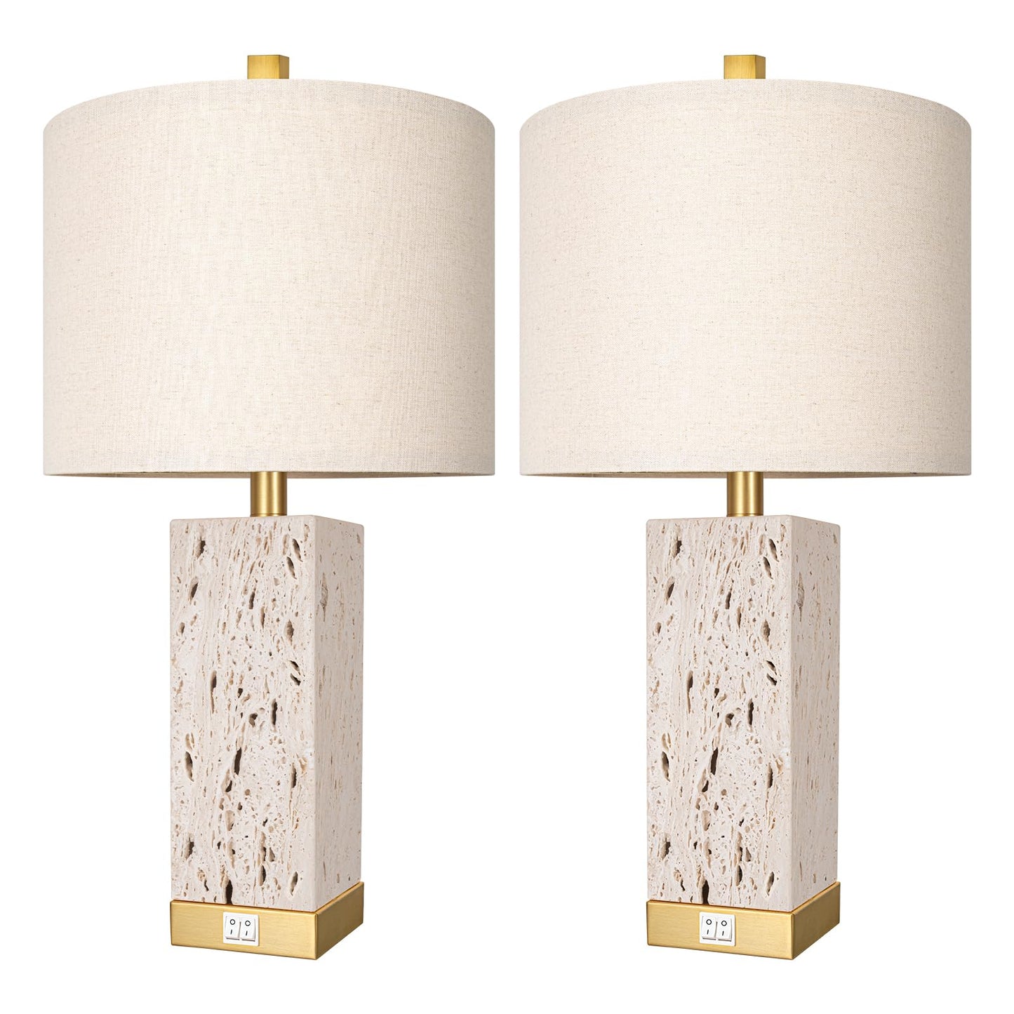 24" Modern Translucent Travertine Table Lamp Set of 2 with Night Light For Living Room,Natural Stone Desk Lamp with USB Ports.Farmhouse Bedside Nightstand Lamp Decor Bedroom home .Tradition End Lamp