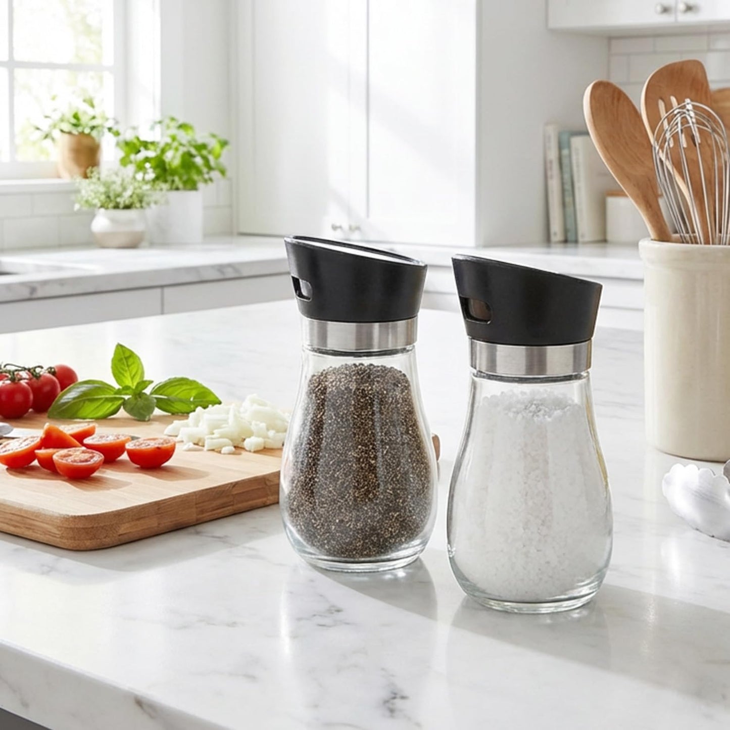 Salt And Pepper Shakers Set，Adjustable Rotating Cap Design For Precise Dose Control，Refillable Glass Jars With Matte Black Lids，Modern Kitchen Spice Containers，Kitchen Utensils