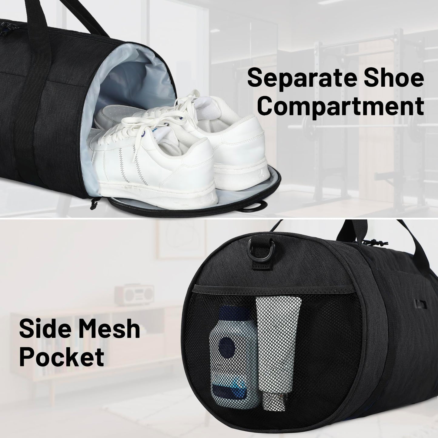 MIER Gym Bag Round Duffle Bag with Shoe Compartment & Wet Pocket, Lightweight Carry on Duffel for Men Women Workout Fitness Travel Sports, 24L, Black
