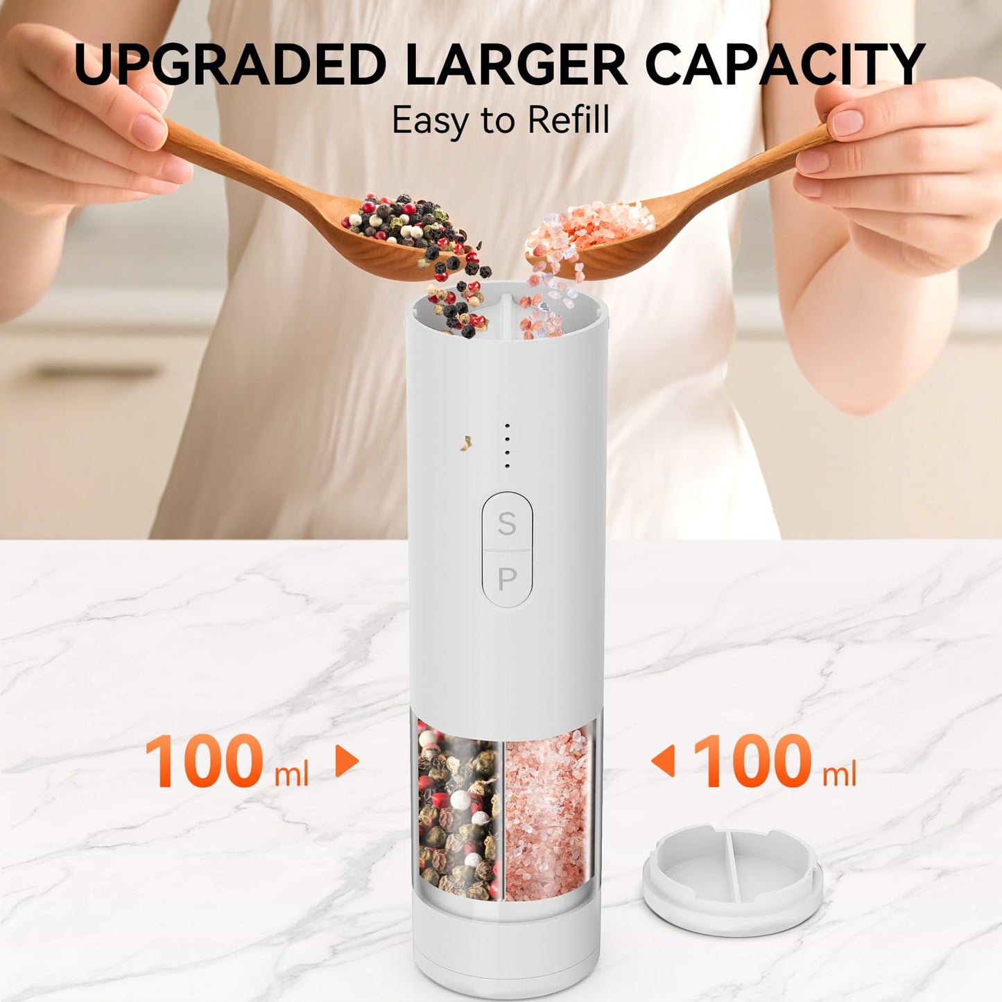 HeatBay 2 in 1 Electric Salt and Pepper Grinder Set, USB Rechargeable, Automatic Salt and Pepper Mill Shakers with Battery Display, LED Light, Adjustable Coarseness(White)