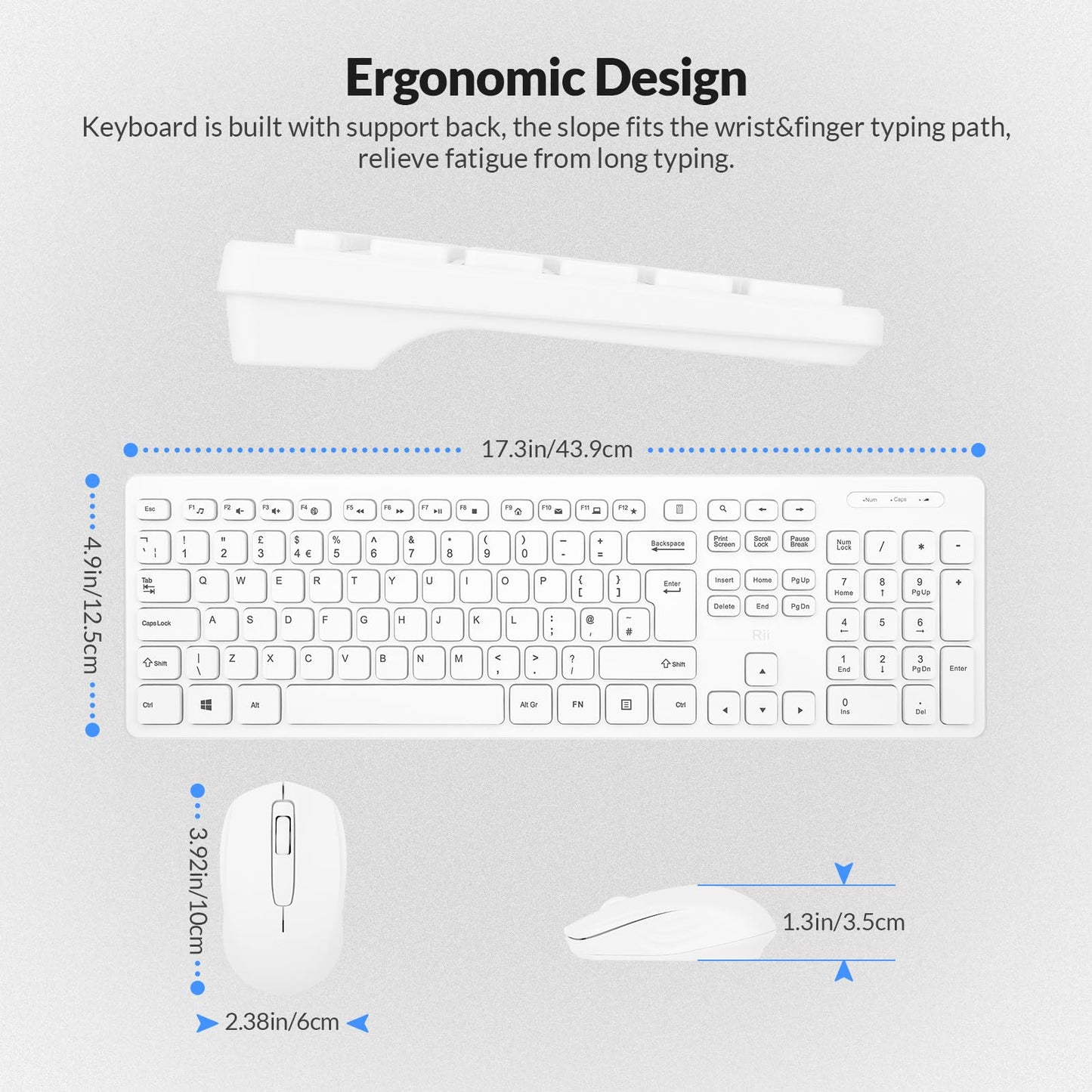 Wireless keyboard and Mouse,Rii RK200 Standard Full Size Keyboard and Mouse 104 Keys for Work Office Home UK Layout (AAA Batteries not Include)-White