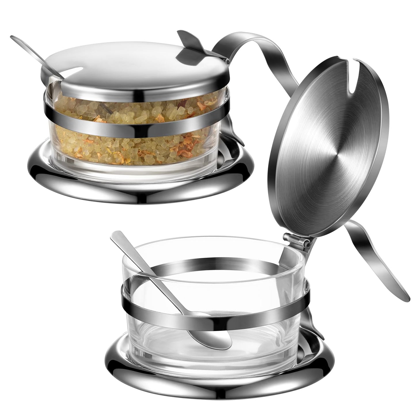 Honeydak 2 Set Stainless Steel Salt Cellar with Spoon 6.76 oz Salt Container with Spoon for Countertop, Seasoning Storage for Kosher, Sea, Candy, Pepper, Heavyweight Seasoning Jar