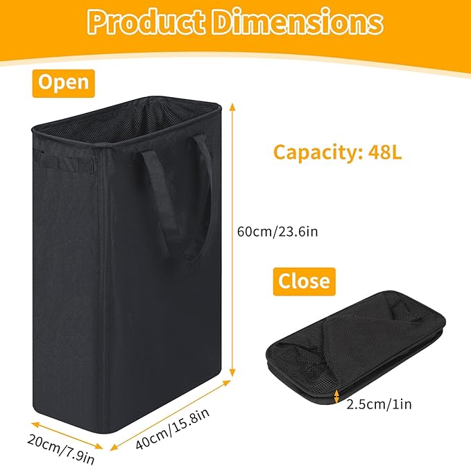 Slim Laundry Hamper, 48L Ultra Thin Collapsible Laundry Basket