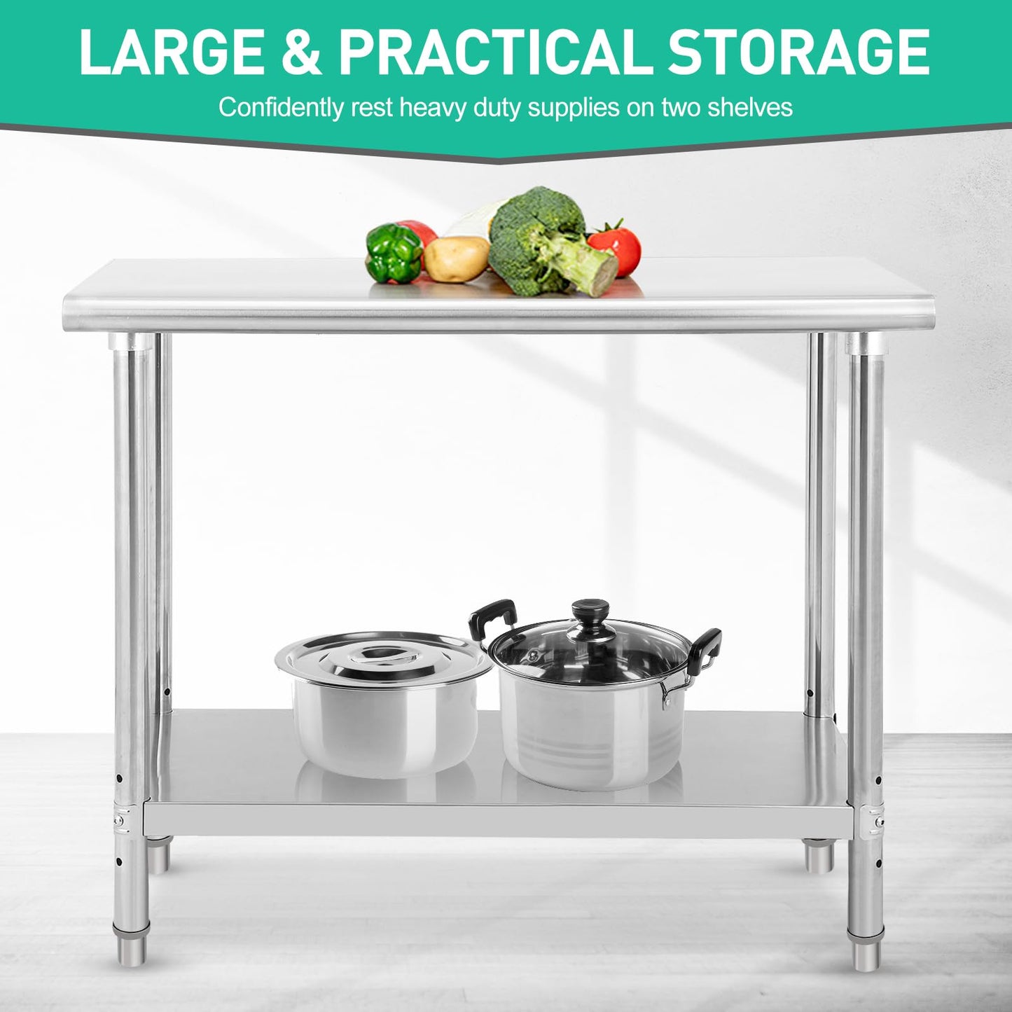 48x30 Inch Stainless Steel Prep Table, Heavy-Duty Commercial Work Table with Adjustable Undershelf for Restaurant, Kitchen & Home Use