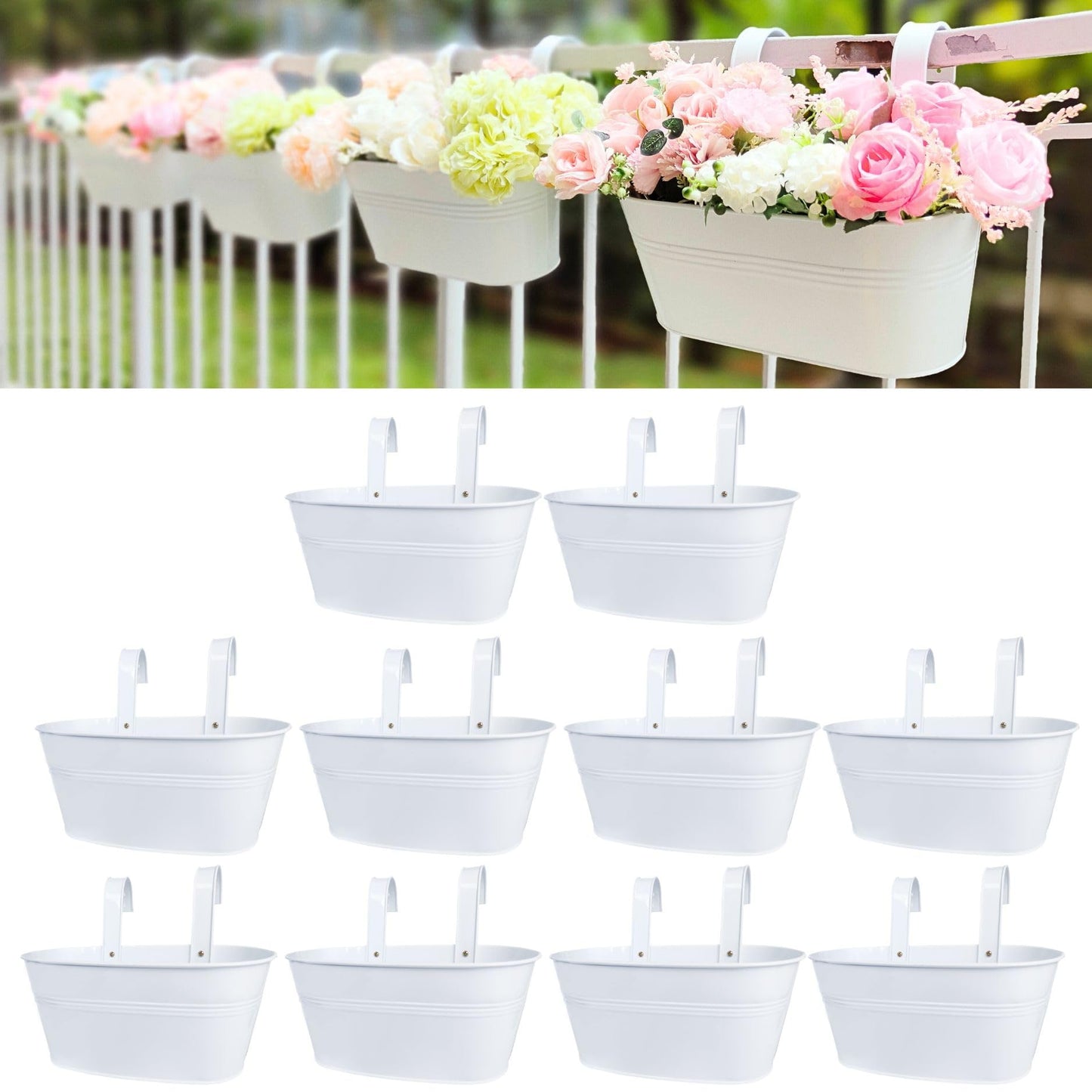 LaLaGreen Rail Planters for Outdoor (10 Pack, 11.2 Inch) White Metal Iron Strawberry Planter Hanging Flower Pots, Deck Railing Fence Bucket Wall Mount Window Box Plant Holder with Hooks Porch Decor