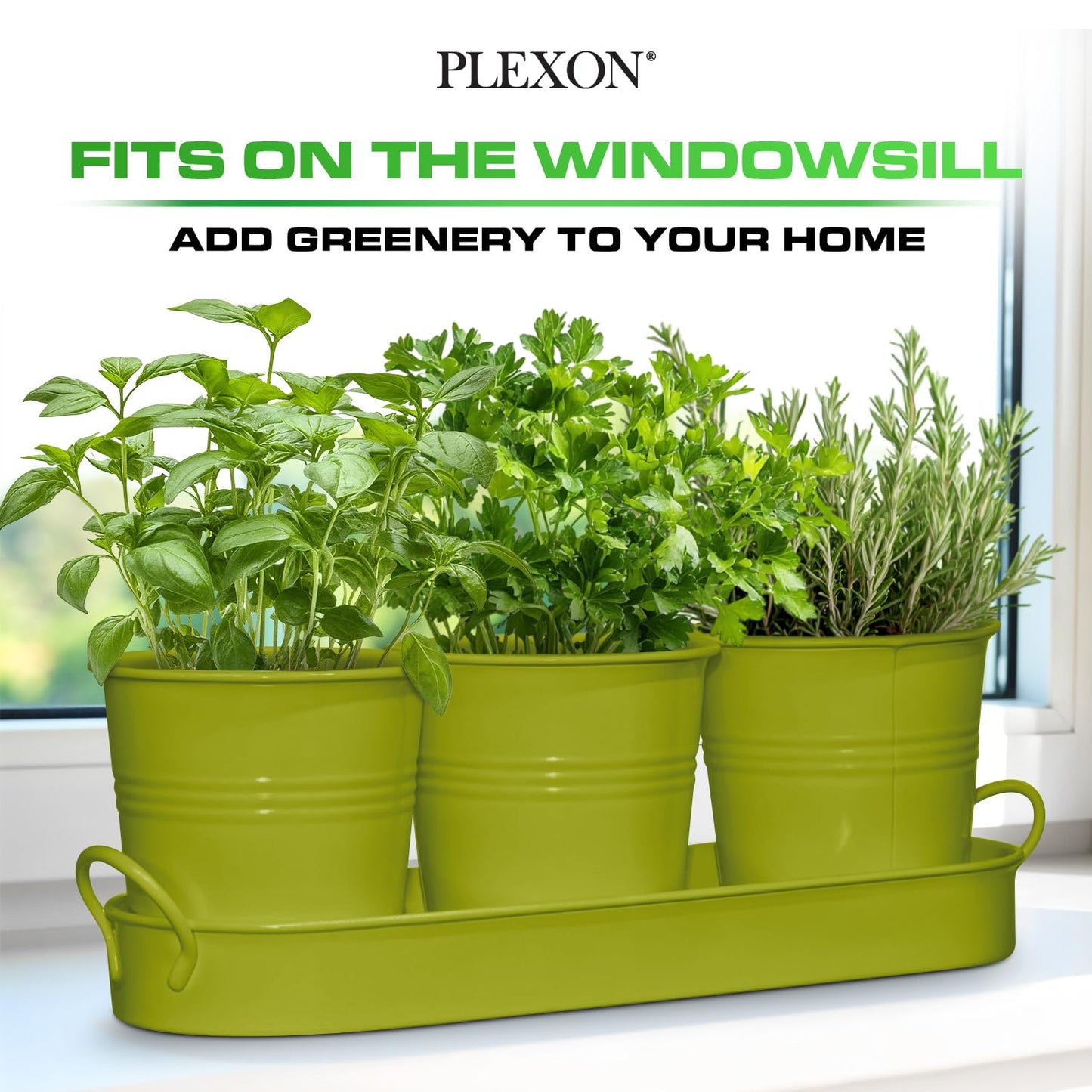 Plexon Herb Planter Indoor Garden Set of 3 with Tray, Metal Herb Pots for Indoor Plants, Round Kitchen Garden Kit Ideal for Windowsill Planter or Countertop, Green Powder Coated