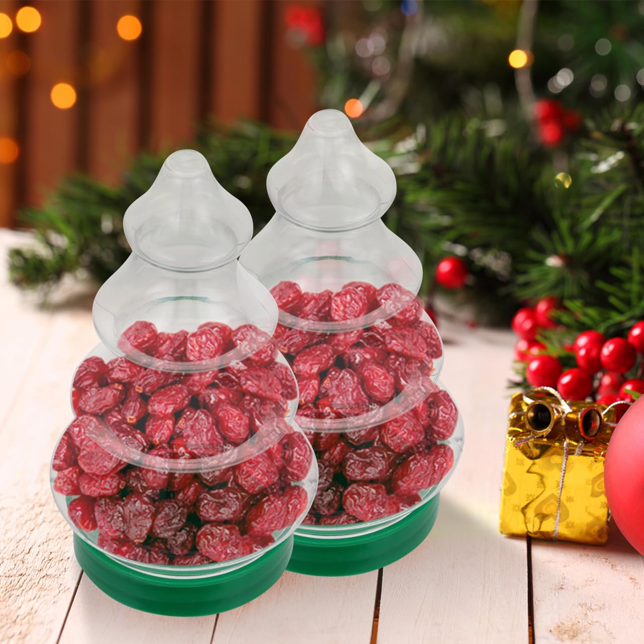 VOSAREA 12pcs Christmas Tree Shaped Candy Bottles Clear Biscuits Jars with Lids - Christmas Candy Jars & Tree Shaped Ornaments Festival Storage Containers
