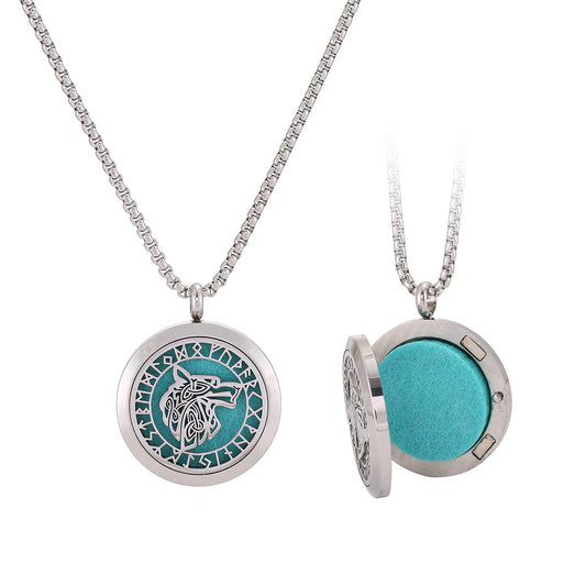 UTHOSMDO Viking Handsome Nordic Necklace with Runic Wolf Aromatherapy Essential Oil Diffuser Viking Jewelry Gift Stainless Steel Locket Pendant Necklace