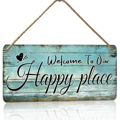 Welcome To Our Happy Place Sign Personalized Front Door Signs For Home Decor Wooden Hanging Sign Beach Signs Patio Wall Decor Summer Wood Porch Sign House Welcome Door Sign 6x12 Inch