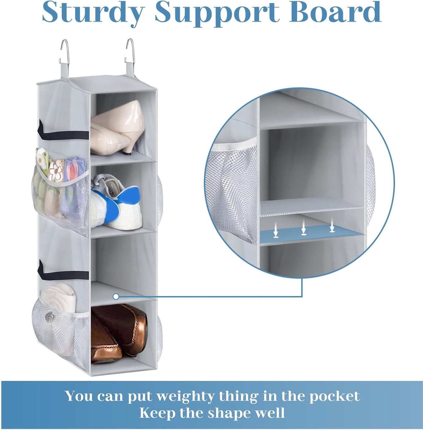 SLEEPING LAMB Short Hanging Shoe Organizer for Closet Storage with Mesh Side Pockets Holds 8 Pairs, Hanging Shoe Rack Hanger RV, Camper, Grey