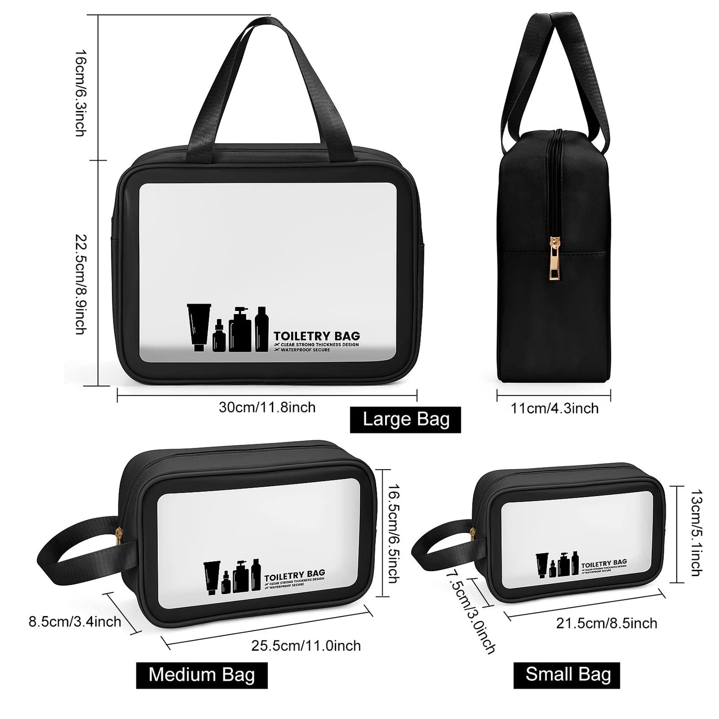 Toiletry Bag MAANGE 3 PCS Clear Travel Toiletries Bag Wash Bag Translucent PVC Waterproof Makeup Bag with Zipper Toiletry Bags for Women Men(Black)