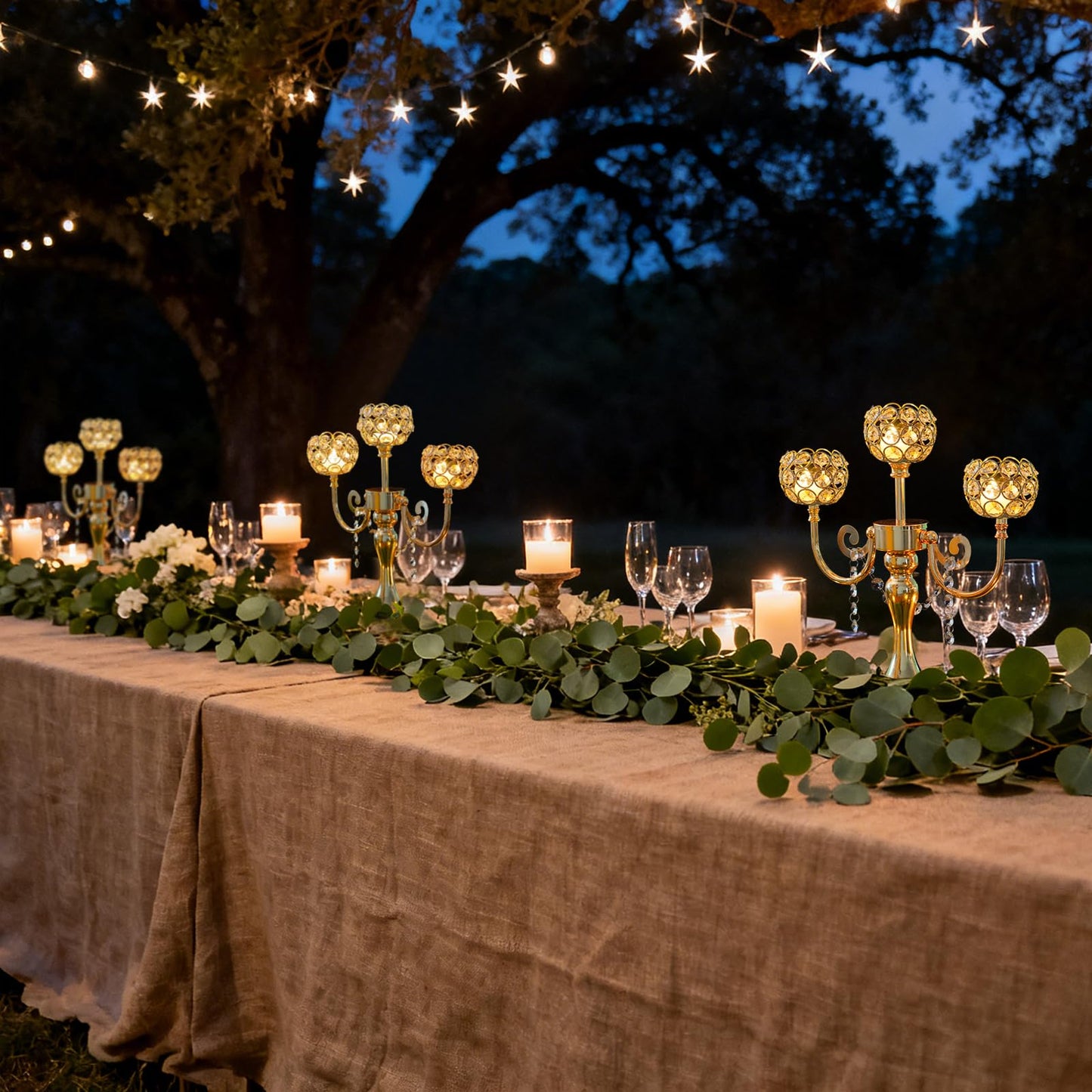 3-Arm Gold Metal Candelabra with Crystal Bowls, Tealight Holder Centerpiece for Birthday, Dining Table, Party Decor, Christmas and Home Decoration (6, Gold)