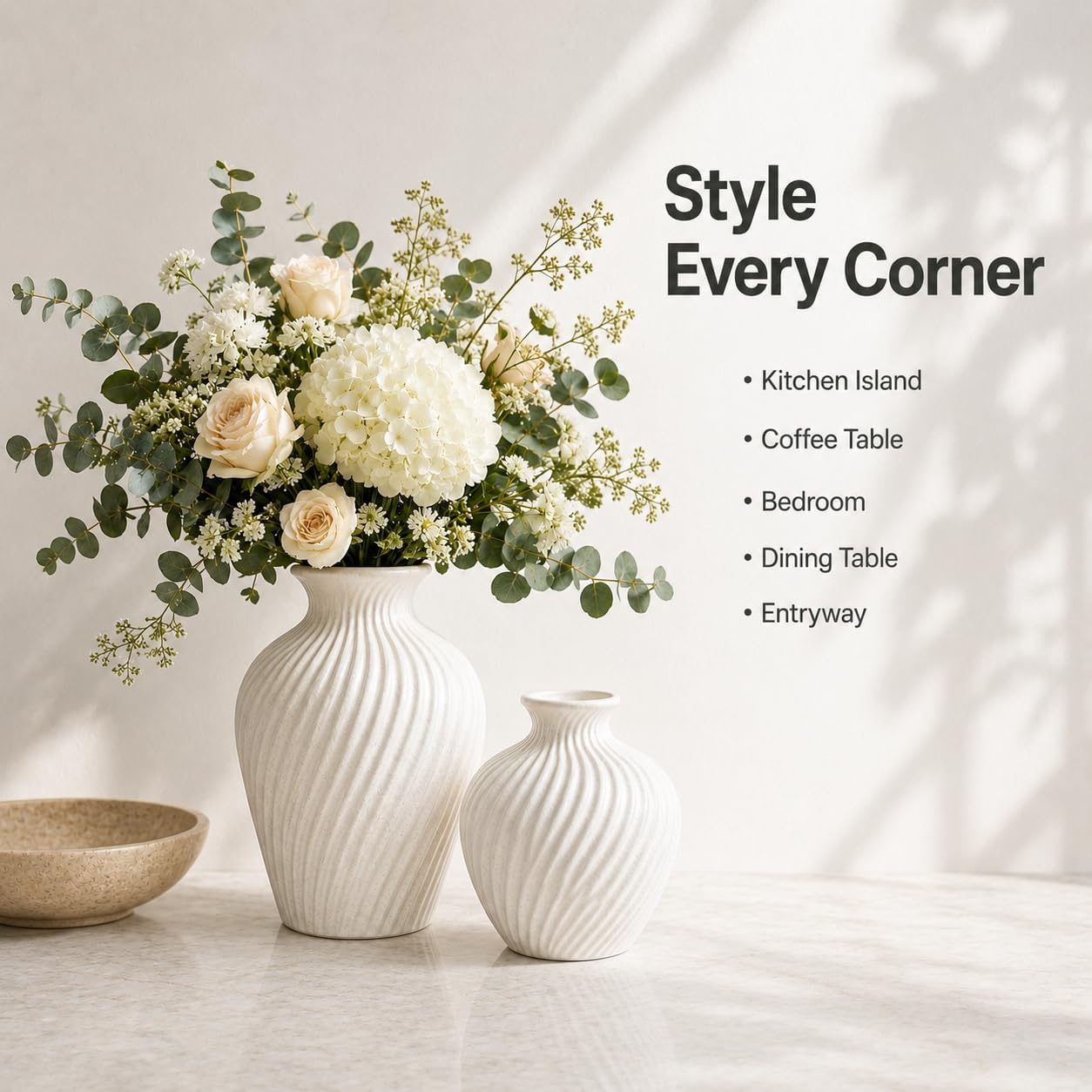 White Ceramic Vase Set of 2 - Modern Flower Vases for Home Decor - Rustic Textured White Vase for Living Room Decor - 8.65×5.5 & 5.5×5.5 Inch Round Vases for Dining Table Centerpiece Decoration