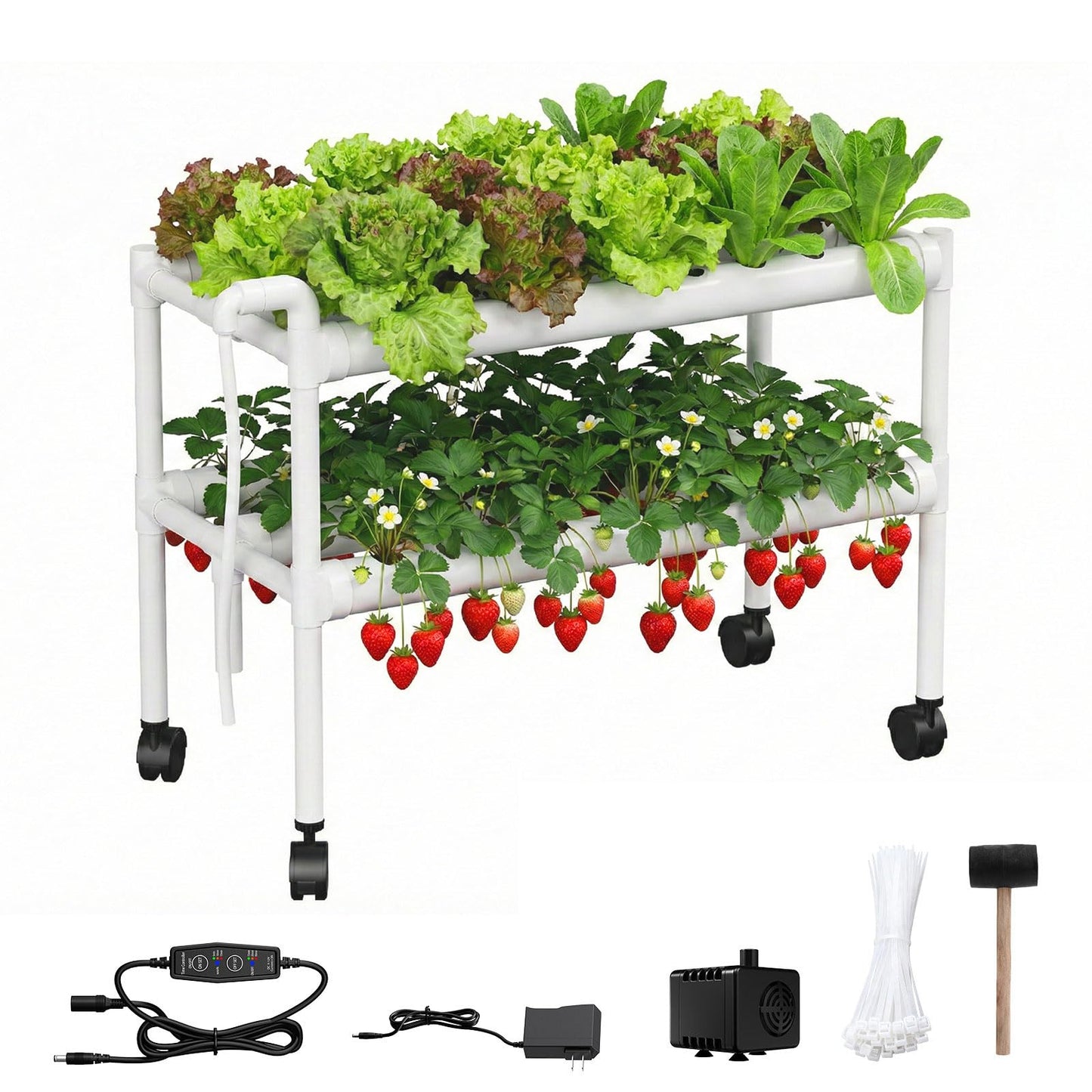 Hydroponics Growing System Kit with Wheels, 54 Plant Sites Gardening Aquaponics Tower, 2-Tier Food-Grade PVC-U Pipes Water Pump Timer for Leafy Vegetables, Indoor, Outdoor (33"x35"x14" in 54 Holes)
